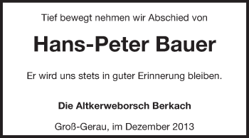 Traueranzeige von Hans-Peter Bauer von Rüsselsheimer Echo, Groß-Gerauer-Echo, Ried Echo
