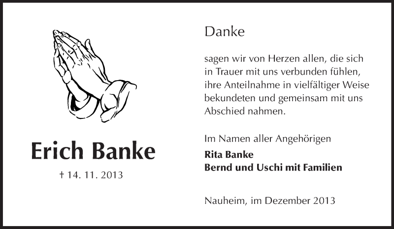  Traueranzeige für Erich Banke vom 07.12.2013 aus Rüsselsheimer Echo, Groß-Gerauer-Echo, Ried Echo