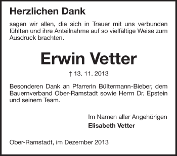Traueranzeige von Erwin Vetter von Echo-Zeitungen (Gesamtausgabe)