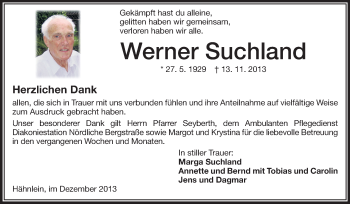 Traueranzeige von Werner Suchland von Echo-Zeitungen (Gesamtausgabe)