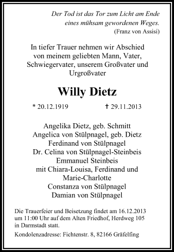 Traueranzeige von Willy Dietz von Echo-Zeitungen (Gesamtausgabe)
