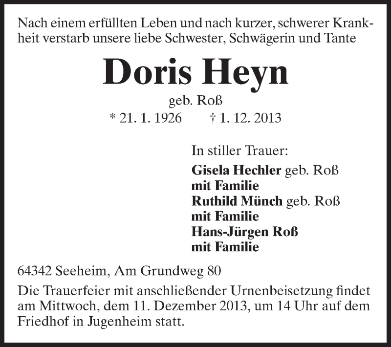  Traueranzeige für Doris Heyn vom 07.12.2013 aus Echo-Zeitungen (Gesamtausgabe)