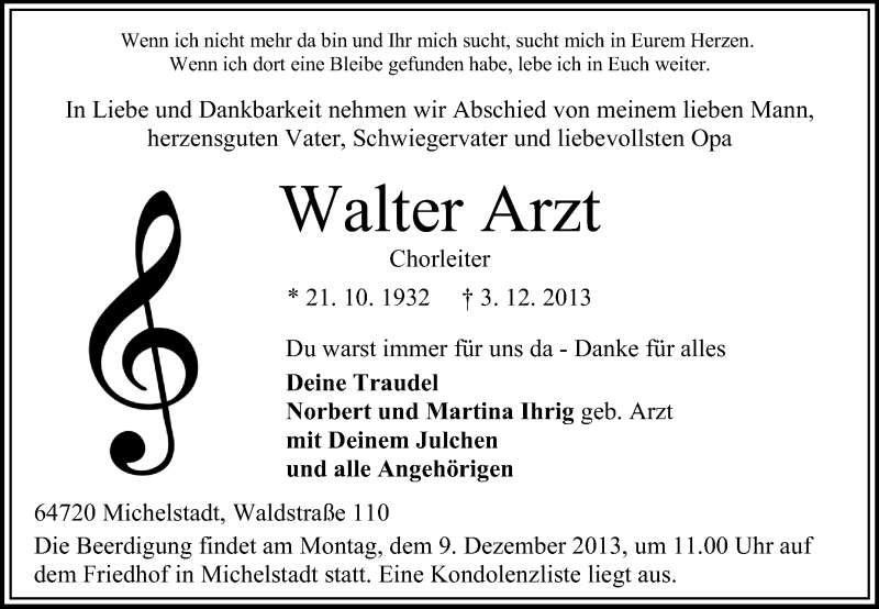  Traueranzeige für Walter Arzt vom 06.12.2013 aus Odenwälder Echo