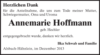 Traueranzeige von Annemarie Hoffmann von Echo-Zeitungen (Gesamtausgabe)