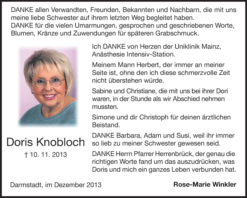  Traueranzeige für Doris Knobloch vom 07.12.2013 aus Echo-Zeitungen (Gesamtausgabe)