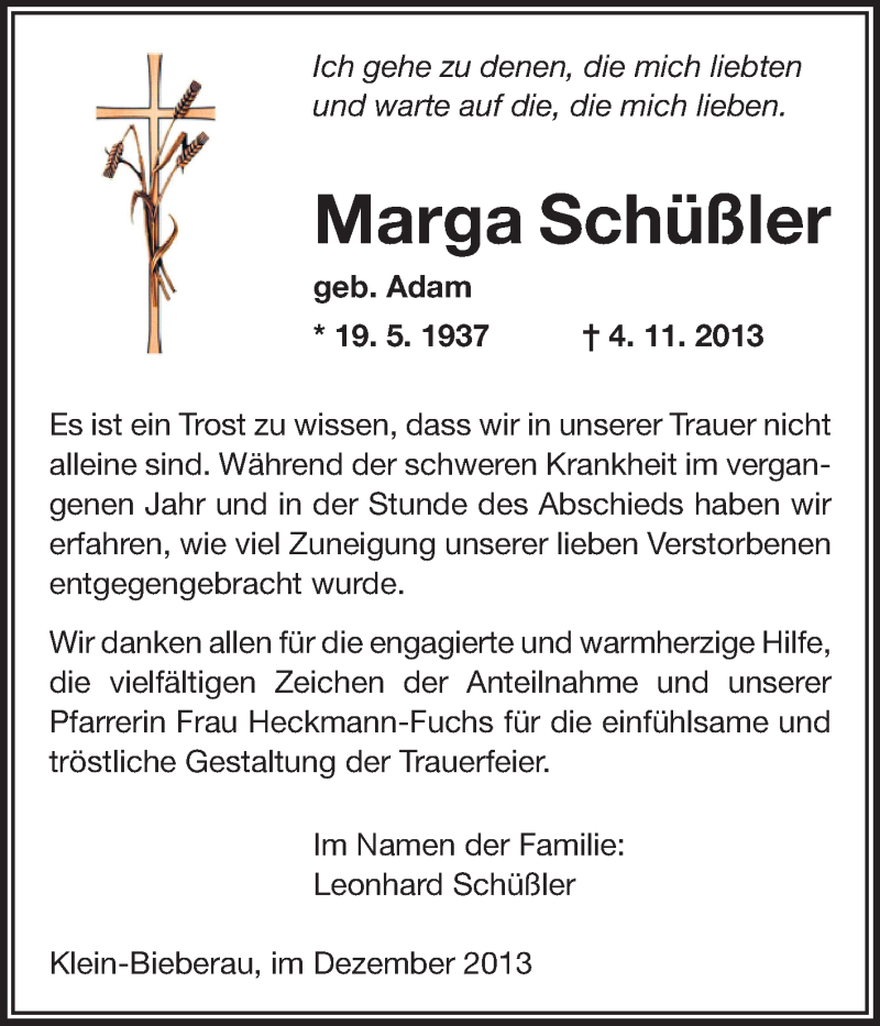  Traueranzeige für Marga Schüßler vom 07.12.2013 aus Echo-Zeitungen (Gesamtausgabe)