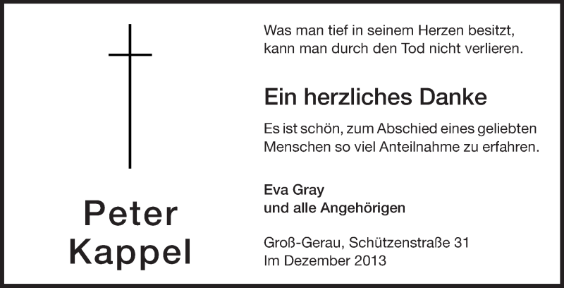  Traueranzeige für Peter Kappel vom 07.12.2013 aus Rüsselsheimer Echo, Groß-Gerauer-Echo, Ried Echo