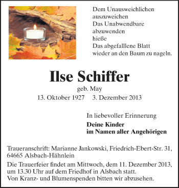 Traueranzeige von Ilse Schiffer von Echo-Zeitungen (Gesamtausgabe)