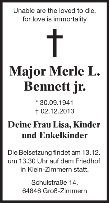 Traueranzeige von Major Merle Bennett von Echo-Zeitungen (Gesamtausgabe)