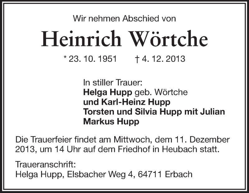  Traueranzeige für Heinrich Wörtche vom 07.12.2013 aus Echo-Zeitungen (Gesamtausgabe)