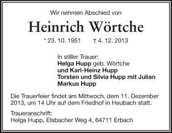 Traueranzeige von Heinrich Wörtche von Echo-Zeitungen (Gesamtausgabe)