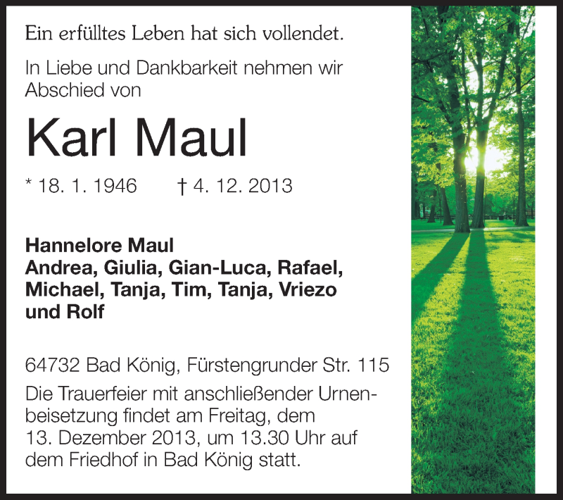  Traueranzeige für Karl Maul vom 11.12.2013 aus Echo-Zeitungen (Gesamtausgabe)