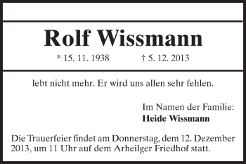 Traueranzeige von Rolf Wissmann von Echo-Zeitungen (Gesamtausgabe)