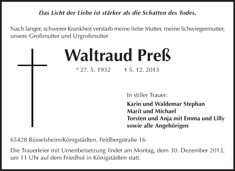  Traueranzeige für Waltraud Preß vom 21.12.2013 aus Rüsselsheimer Echo, Groß-Gerauer-Echo, Ried Echo