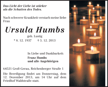 Traueranzeige von Ursula Humbs von Rüsselsheimer Echo, Groß-Gerauer-Echo, Ried Echo