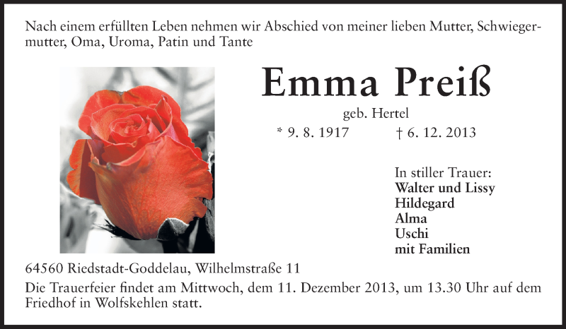  Traueranzeige für Emma Preiß vom 09.12.2013 aus Rüsselsheimer Echo, Groß-Gerauer-Echo, Ried Echo