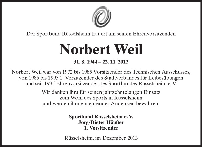  Traueranzeige für Norbert Weil vom 09.12.2013 aus Rüsselsheimer Echo, Groß-Gerauer-Echo, Ried Echo