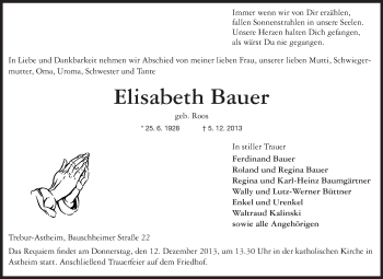 Traueranzeige von Elisabeth Bauer von Rüsselsheimer Echo, Groß-Gerauer-Echo, Ried Echo