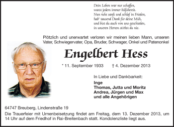 Traueranzeige von Engelbert Hess von Odenwälder Echo