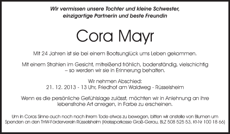  Traueranzeige für Cora Mayr vom 10.12.2013 aus Rüsselsheimer Echo, Groß-Gerauer-Echo, Ried Echo
