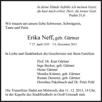 Traueranzeige von Erika Neff von Echo-Zeitungen (Gesamtausgabe)