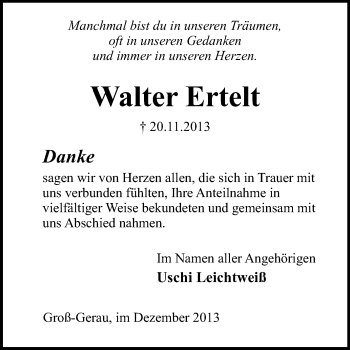 Traueranzeige von Walter Ertelt von Echo-Zeitungen (Gesamtausgabe)