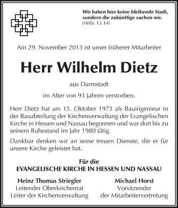 Traueranzeige von Wilhelm Dietz von Echo-Zeitungen (Gesamtausgabe)