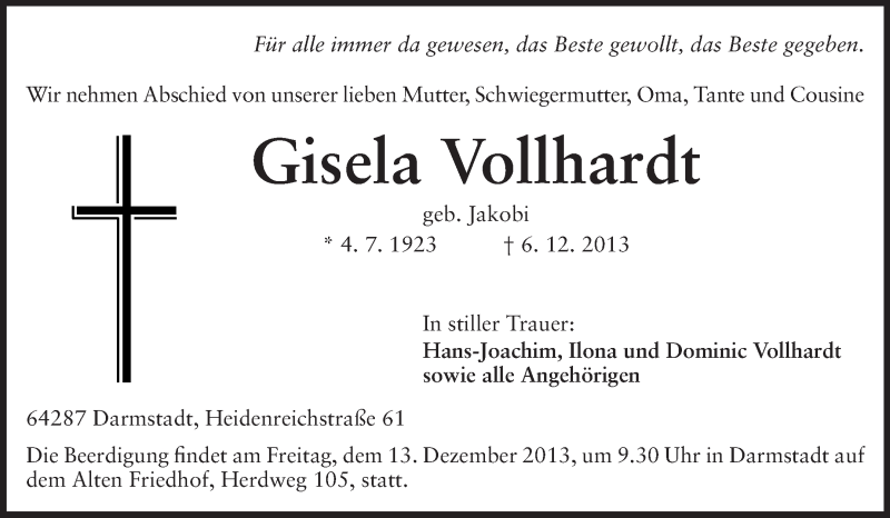  Traueranzeige für Gisela Vollhardt vom 11.12.2013 aus Echo-Zeitungen (Gesamtausgabe)