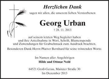 Traueranzeige von Georg Urban von Rüsselsheimer Echo, Groß-Gerauer-Echo, Ried Echo