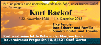 Traueranzeige von Kurt Backof von Rüsselsheimer Echo, Groß-Gerauer-Echo, Ried Echo