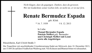 Traueranzeige von Renate Bermudez Espada von Rüsselsheimer Echo, Groß-Gerauer-Echo, Ried Echo