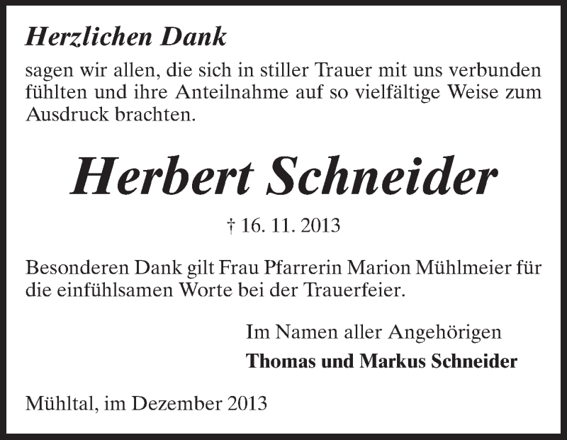  Traueranzeige für Herbert Schneider vom 14.12.2013 aus Echo-Zeitungen (Gesamtausgabe)