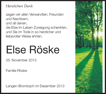 Traueranzeige von Else Röske von Odenwälder Echo
