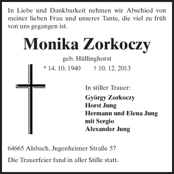 Traueranzeige von Monika Zorkoczy von Echo-Zeitungen (Gesamtausgabe)