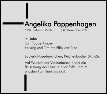 Traueranzeige von Angelika Pappenhagen von Echo-Zeitungen (Gesamtausgabe)
