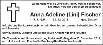 Traueranzeige von Anna Adeline Fischer von Odenwälder Echo