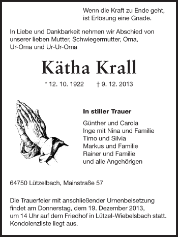 Traueranzeige von Kätha Krall von Odenwälder Echo