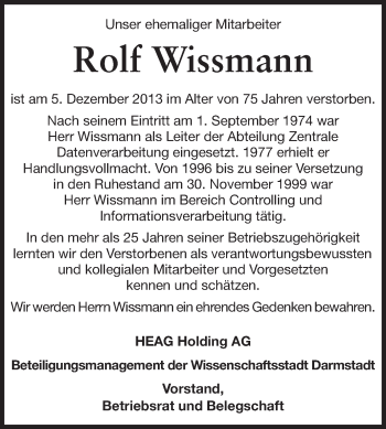 Traueranzeige von Rolf Wissmann von Echo-Zeitungen (Gesamtausgabe)