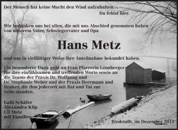 Traueranzeige von Hans Metz von Rüsselsheimer Echo, Groß-Gerauer-Echo, Ried Echo