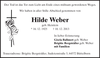 Traueranzeige von Hilde Weber von Rüsselsheimer Echo, Groß-Gerauer-Echo, Ried Echo