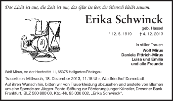 Traueranzeige von Erika Schwink von Echo-Zeitungen (Gesamtausgabe)