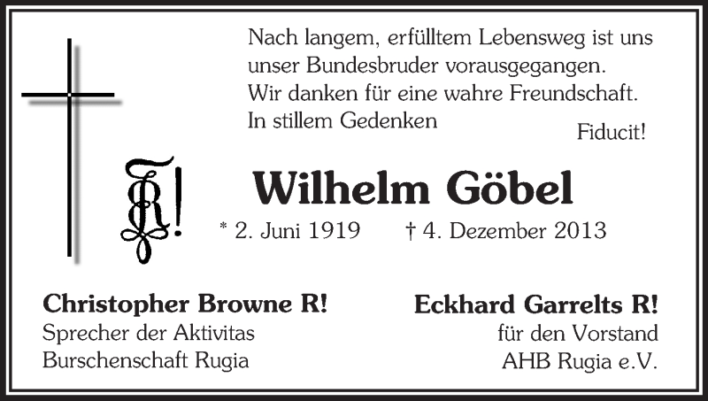  Traueranzeige für Wilhelm Göbel vom 14.12.2013 aus Echo-Zeitungen (Gesamtausgabe)