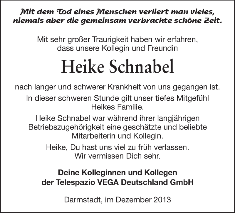 Traueranzeige für Heike Schnabel vom 14.12.2013 aus Echo-Zeitungen (Gesamtausgabe)