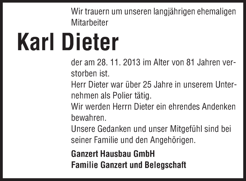  Traueranzeige für Karl Dieter vom 13.12.2013 aus Echo-Zeitungen (Gesamtausgabe)