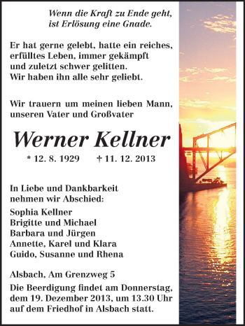 Traueranzeige von Werner Kellner von Echo-Zeitungen (Gesamtausgabe)