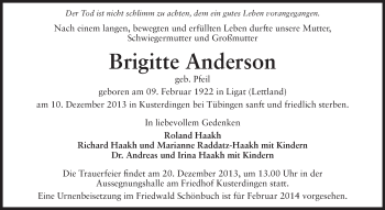 Traueranzeige von Brigitte Anderson von Echo-Zeitungen (Gesamtausgabe)