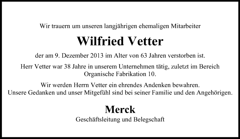  Traueranzeige für Wilfried Vetter vom 14.12.2013 aus Echo-Zeitungen (Gesamtausgabe)
