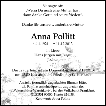 Traueranzeige von Anna Pollit von Echo-Zeitungen (Gesamtausgabe)