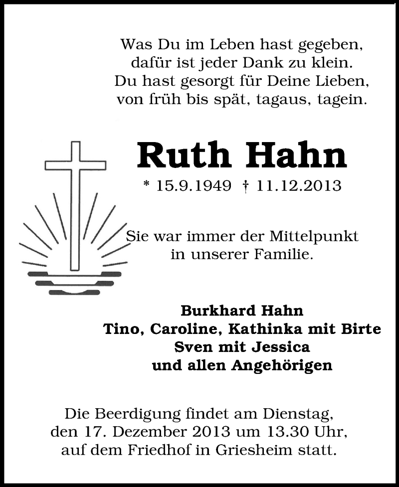  Traueranzeige für Ruth Hahn vom 14.12.2013 aus Echo-Zeitungen (Gesamtausgabe)
