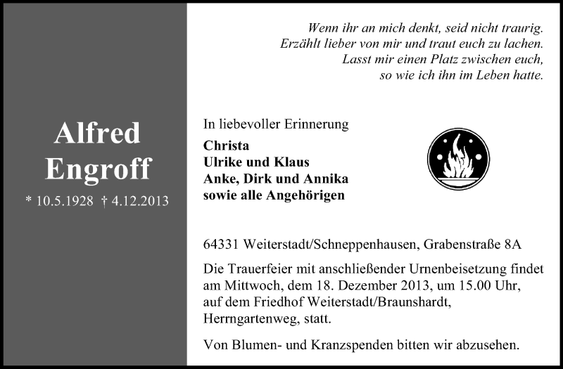  Traueranzeige für Alfred Engroff vom 14.12.2013 aus Echo-Zeitungen (Gesamtausgabe)